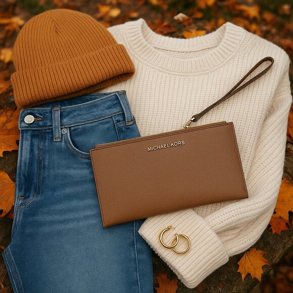 Michael Kors Leather Wristlet Clutch Bag | Tan Brown Zip Pouch - Picture 9 of 9